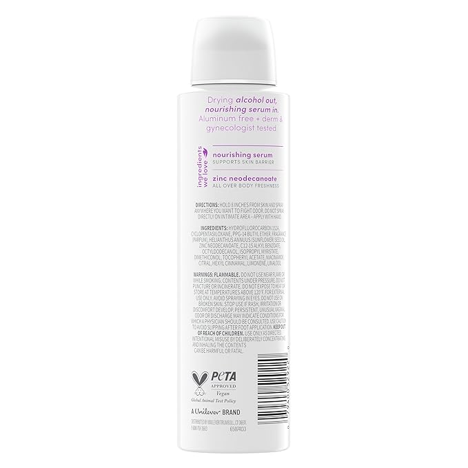 Dove Whole Body Deo Alcohol Free Deodorant Spray for Women 72-hour odor control Lavender Bloom 4 oz