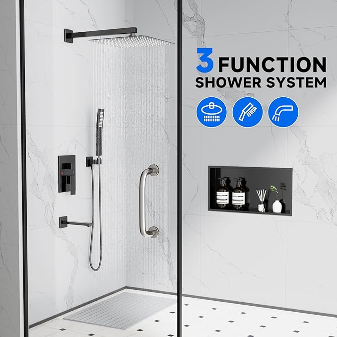 POPFLY Matte Black Shower System - 10 Inch Square Rainfall Shower Head & Handheld Spray Combo, Wall Mounted High Pressure Faucet Set with Brass Valve, Shower Hose & Trim Kit