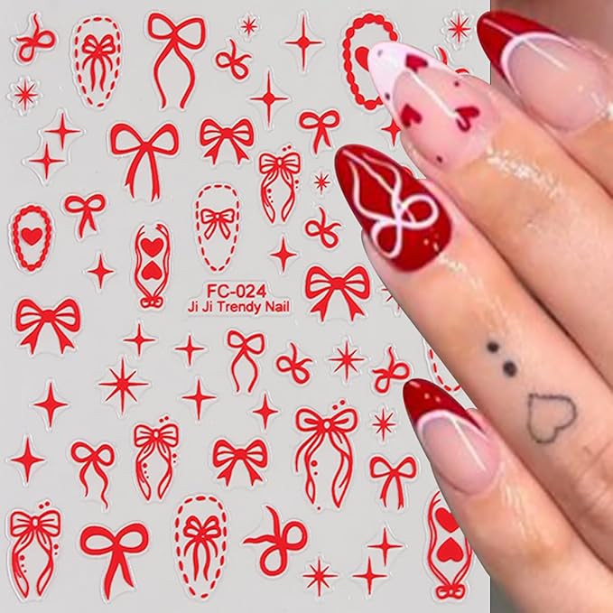 Bow Nail Art Stickers Red White Laser Bow Stars Hearts Nail Design Stickers for Nails Art Valentines Bows Nail Decals Supplies DIY Acrylic Manicure Decoration Accessories for Women 6 Sheets