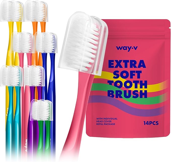 WAY.V Extra Soft Toothbrush Refill for Adults Sensitive Gums and Teeth with Individual Head Covers, 14 Pcs Manual Toothbrushes - Family and Guests - Pink (14 Counts, Soft Bristle)