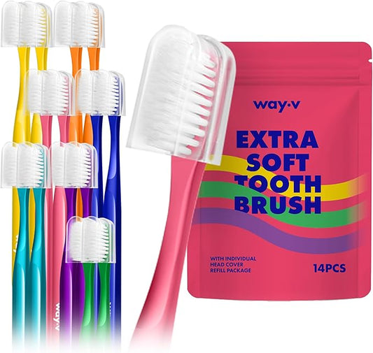 WAY.V Extra Soft Toothbrush Refill for Adults Sensitive Gums and Teeth with Individual Head Covers, 14 Pcs Manual Toothbrushes - Family and Guests - Pink (14 Counts, Soft Bristle)