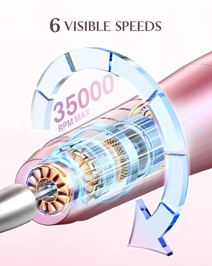 JOREST 13-in-1 Cordless Electric Nail Drill Kit with LED Display, 35,000 RPM 6-Speed Rechargeable Manicure Tool for Acrylic Gel Nails, Nail File with Bits & Sanding Bands for Beginners, Rose Pink