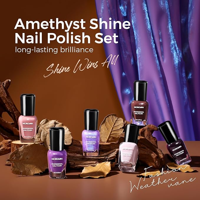 Morovan Purple Nail Polish Set: Brown Nude Glitter Nail Polish Kit Dark Purple Sparkle Shimmer Regular Air Quick Dry Fingernail Polish Pack for Women 2025 Nail Art Design Gift Holiday Party