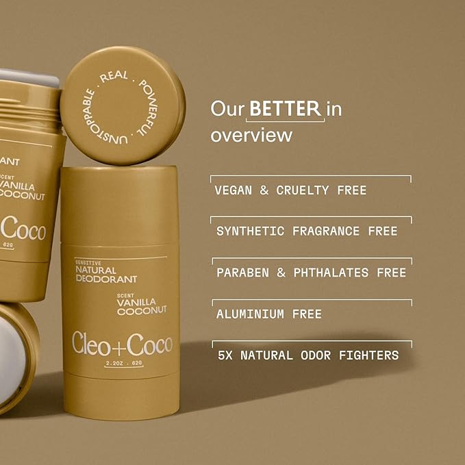 Cleo+Coco Sensitive Deodorant Balm, Vanilla Coconut (2-Pack, 2.2 oz Each), Aluminum-Free, Baking Soda Free Natural Deodorant with 5X Odor Fighters, Vegan, No Synthetic Fragrance