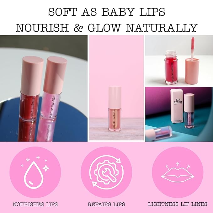 Sophia + Mabelle Hydrating Lip Oil – Lightweight, Non-Sticky & High-Shine Lip Gloss Oil – Moisturizing, Nourishing, Soothing Tinted Formula for Soft Lips – 3.7g (Sandcastle (Baby Pink), 3.7g)