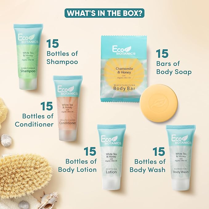 Terra Pure Eco Botanics Hotel Soaps and Toiletries Bulk Set | 1-Shoppe All-In-Kit Amenities |0.85oz Shampoo & Conditioner, Body Wash, Body Lotion & 0.89oz Bar Soap Travel Size | 75 Pieces