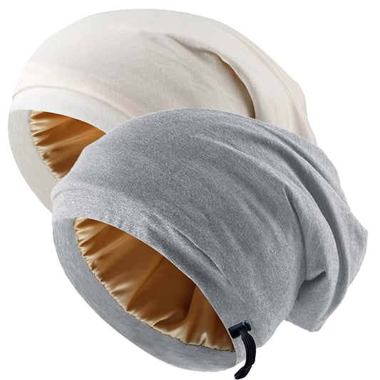 2 Pcs Adjustable Silk Satin Bonnets for Women & Men, Sleep Cap, Silk Lined, Slouchy, Curly Hair Head Scarf, Night Caps