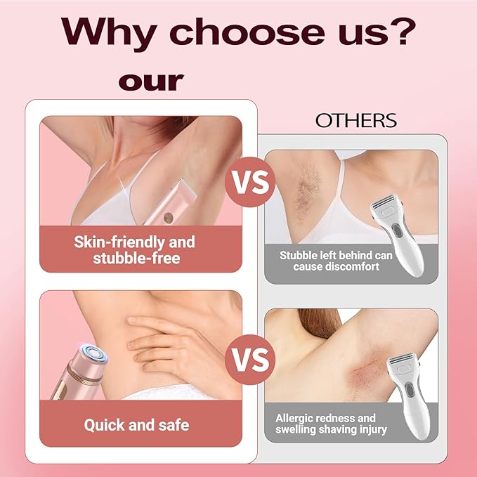 Bikini Trimmer for Women Electric Razors for Women Women's Electric Razor 2 in 1 Shaver Pubic Hair Trimmer Ipx7 Waterproof Wet Dry Use Bikini Shaver for Ladies Pubic, Legs, Face, Underarms (Pink)