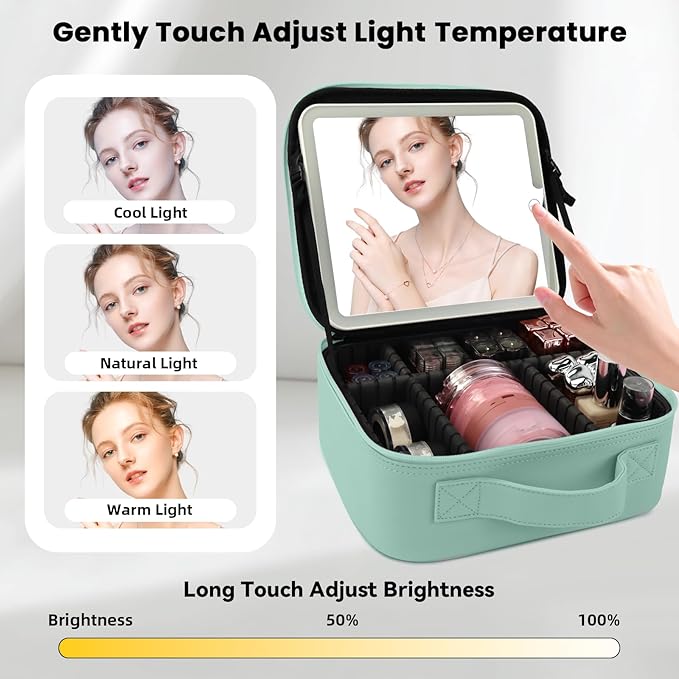 SUILU Travel Makeup Bag with LED Mirror and Light Makeup Travel Bag Organizer Portable Cosmetic Brush Organizer Bag with Adjustable Dividers for Cosmetics Makeup Brushes Toiletry (Light Green)