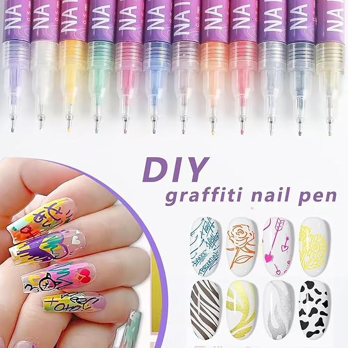Nail Art Pens 12 Colors Nail Art Pens Set, Nail Art Markers Fine Tip Nail Polish Pens Drawing Painting Pen for Home Salon, Quickly Dry Nail Art Nail Markers DIY Decoration for Women Girls