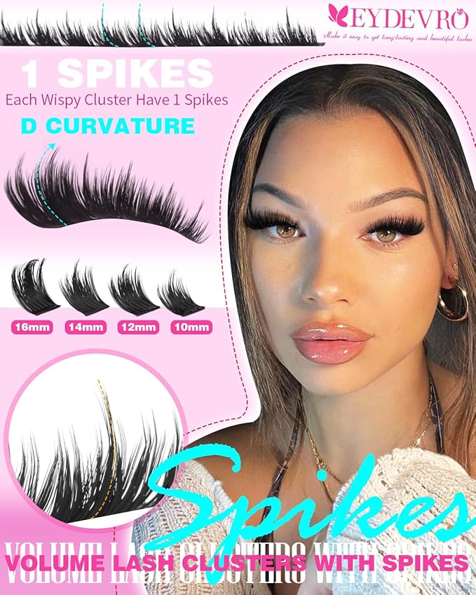 EYDEVRO Volume Lash Clusters with Spikes Full Thick Eyelash Clusters Wispy Fairy Lash Clusters 150 Pcs D Curvature 10-16mm Cluster Eyelash Extensions Spikes Cluster Lashes DIY Lash Extensions at Home