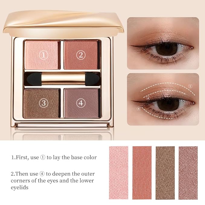 Warm Neutral Brown Eyeshadow Palette, 4 Matte & Shimmer Shades for Natural Everyday Eye Makeup — Blendable Caramel Mocha High Pigment Long-Lasting Crease-Resistant Soft Glam Eye Shadow Kit