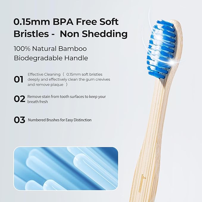 Bamboo Toothbrushes 10 Count, Soft Plant-Based Bristles, Natural Wooden Toothbrush for Adults, Biodegradable Travel Tooth Brushes