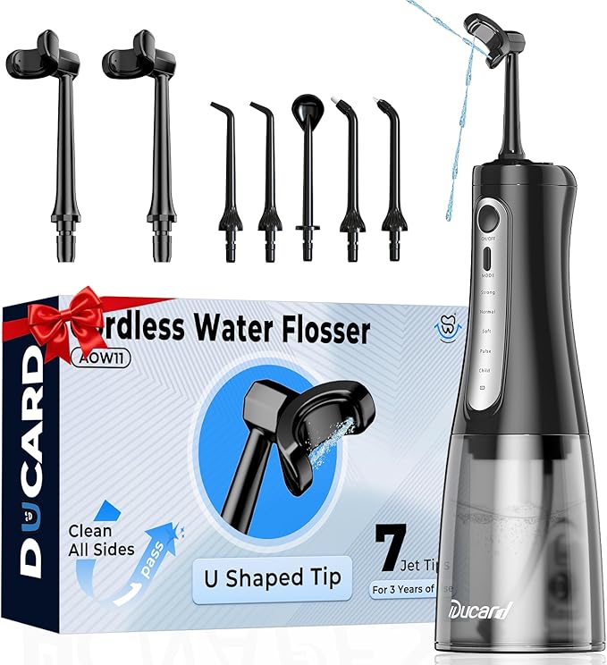 Ducard Cordless Water Flosser for Teeth, U-Shaped Flossing 360° Deep Clean, 5 Modes 7 Jet Tips for Adult & Child, Portable Rechargeable Dental Flosser Pick for Braces, Travel, 350ML Large Tank