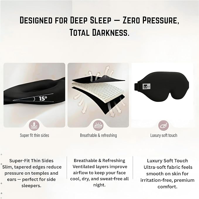 LAAZ Sleep Mask for Side Sleepers ,3D Contoured Eye Mask with Zero Eye Pressure, True Blackout Light Blocking, Breathable Memory Foam Night Mask with Adjustable Strap for Men & Women
