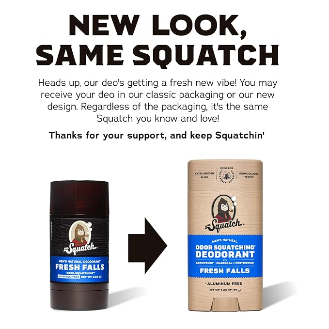 Dr. Squatch Natural Men’s Deodorant – Aluminum Free Natural Deodorant Men with Charcoal & Postbiotics for 72-Hour Odor Protection – Pine Tar + Birchwood Breeze, 2.65oz Stick (2-Pack)