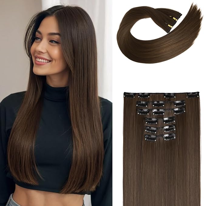 FLUFYMOOZ 6PC Clip in Hair Extensions 24" Straight Long Extensions for Women Synthetic Hairpiece (Chestnut Brown)