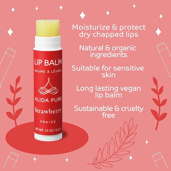 ALIDA PURE Strawberry Lip Balm Collection, Vegan Set, Beeswax Free, with Organic Jojoba and Avocado Oil, Vitamin E, Natural Moisturizer for Dry, Chapped Lips, 3 Tube Set