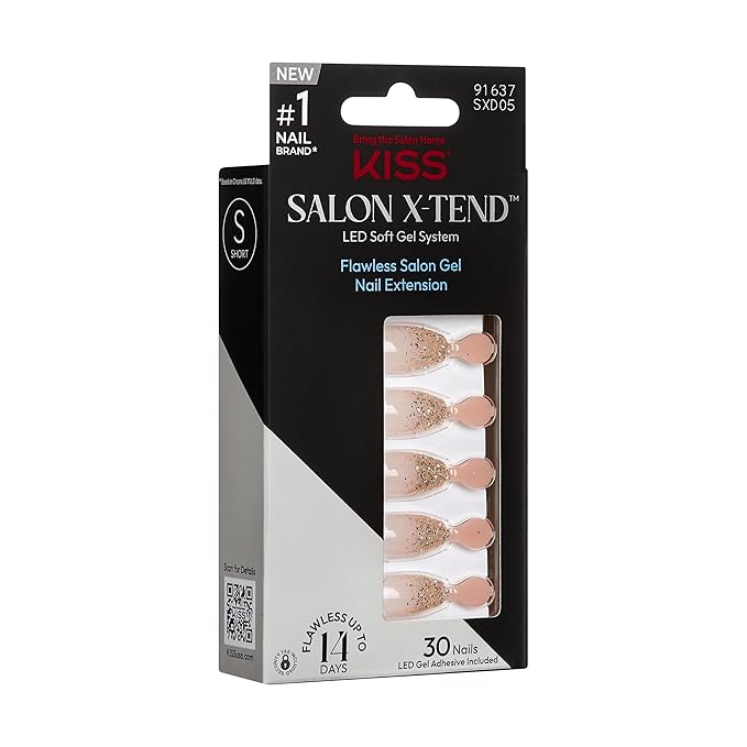 KISS Salon X-tend, Press-On Nails, Nail Glue Included, 'Satellite', Light Silver, Short Size, Coffin Shape, 30 Nails, 5Ml Led Soft Gel Adhesive, 1 Manicure Stick, 1 New Mini File, New Prep Pad