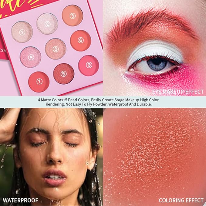 9-Color Pink Peach Eyeshadow Palette – Matte, Shimmer & Glitter Eye Makeup, High Pigment Warm Coral & Rose Shades, Long-Lasting Waterproof Blendable Professional Eyeshadow for Daily & Glam Looks