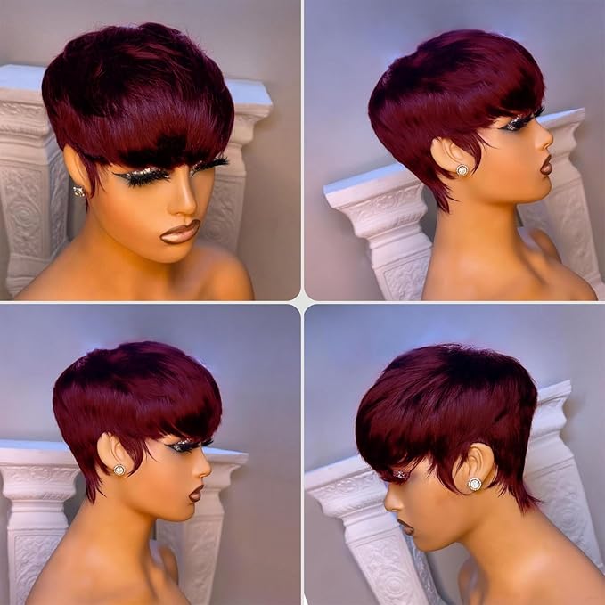 Short Bob Wig for Black Women Brazilian Virgin Human Hair Pixie Cut Wig Burgundy Red Colored Short Style full machine Made Wig with Bangs 150% Density None Lace front Wig 99J#
