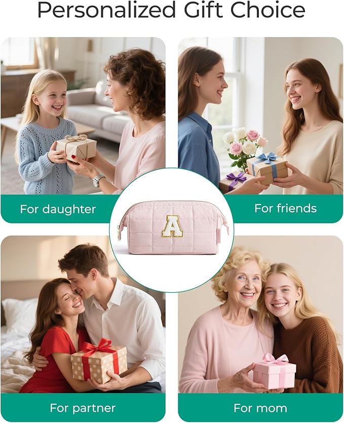 BAGSMART Birthday Gifts Personalized Initial Makeup Bag, Trendy Stuff Gifts for Women Bridesmaid Graduation, Puffy Padded Make Up Bags for Women, Wide-open Toiletry Bag, Pink C