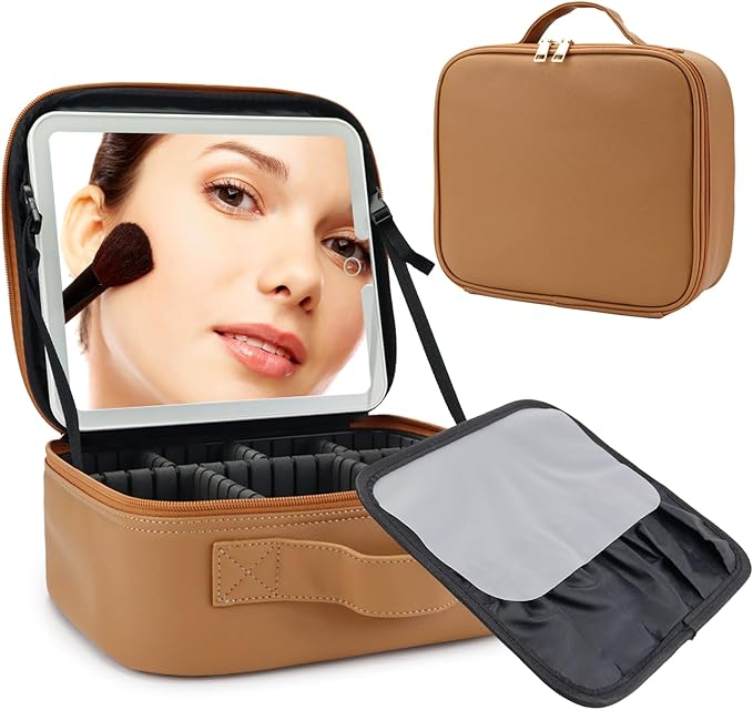 SLUMAZI Travel Makeup Bag with LED Mirror Travel Makeup Organizer with 3 Lighted Settings, Adjustable Dividers and Makeup Brush Storage Bag Brown