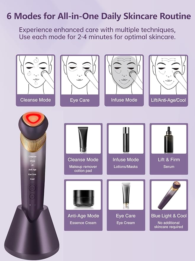 Yuonry 6-in-1 Age-Defying - Eye, Face & Neck Lift & Firm, 5-Color Light Therapy for Face with Microcurrent, Vibration, Heat & Cooling, Skin Care Tool for Youthful & Tightening Skin (Purple)