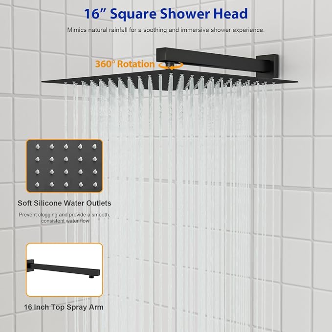 Dcolora Rainfall Shower System with Handheld, Matte Black Shower Faucet Set for Bathroom, Brass Valve, 304 Stainless Steel, Anti-Scald cUPC Certified(Matte Black, 16 Inch)