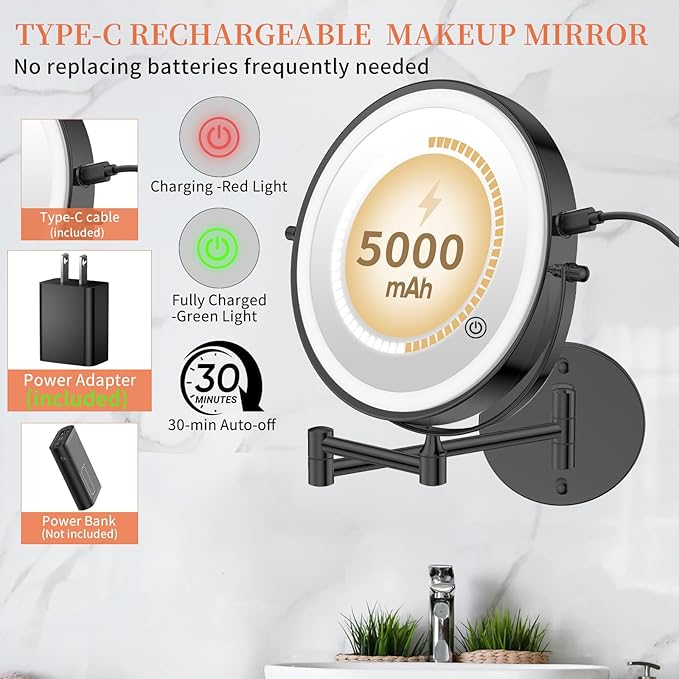 FUNTOUCH 9" 30X/1X Wall Mounted Lighted Makeup Mirror, 5000mAh Rechargeable Double Sided Magnifying Mirror with Adapter, 3 Color Lights,Touch Dimmable, 360 Rotation Extended Arm for Bathroom,Black