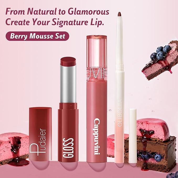 3PCS Lip Combo Set - Matte Lip Liner Pencil + Hydrating Tinted Lip Balm + Juicy Lip Gloss Tint, Non-Sticky, Long-Lasting, High Pigment Lip Makeup Kit (Berry Mousse Set)