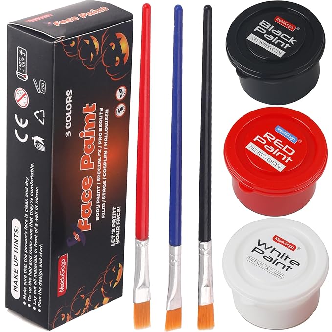 3 Color water-based Face Body Paint Set （Black + White + Red )with Brushes Kits Non-Toxic Easy Washable ,for Adults Halloweens Partys Cosplays Joker Zombie Vampire SFX Art Stage Makeup Adults