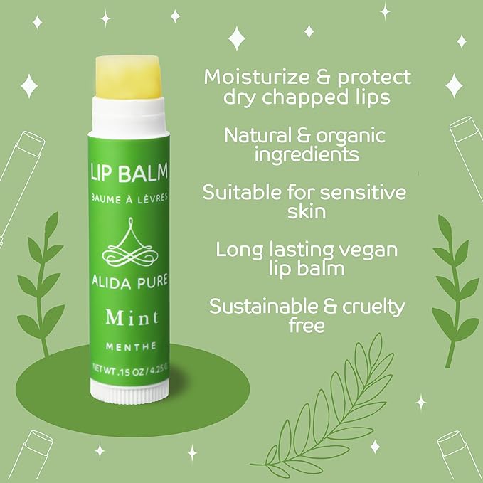ALIDA PURE Mint Lip Balm Collection, Vegan Set, Beeswax Free, with Organic Jojoba and Avocado Oil, Vitamin E, Natural Moisturizer for Dry, Chapped Lips, 3 Tube Set