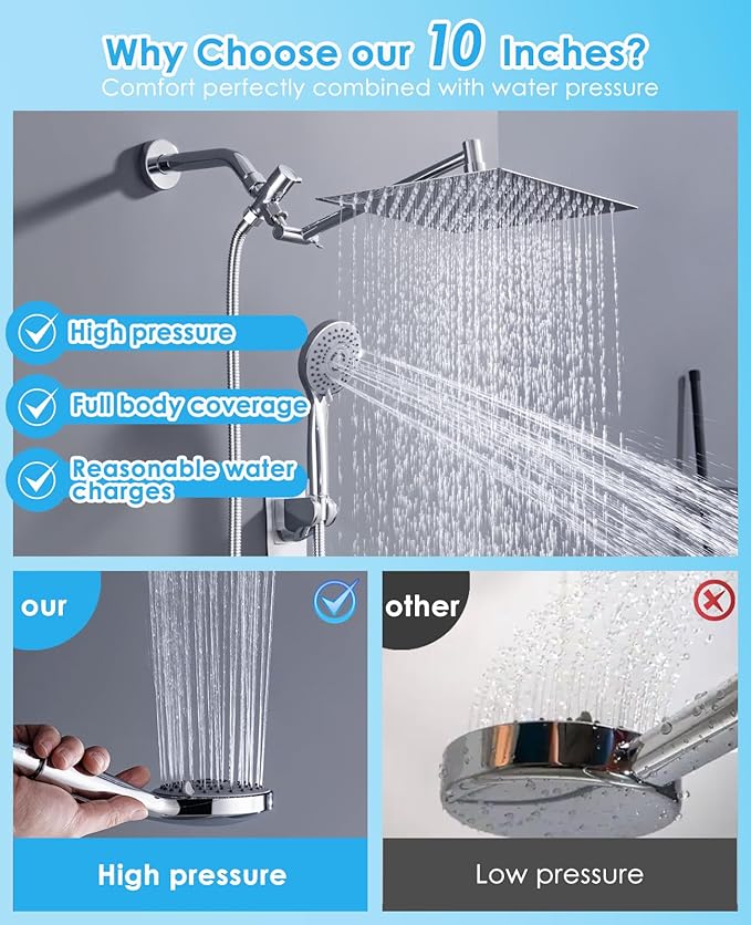 Jafeton High Pressure Rainfall Shower Head with Handheld Spray Combo – 5 Spray Modes, 10" Rain Shower, Anti-Clog Nozzles, Rust-Resistant Chrome Plating & Brass, Flexible Extension Arm