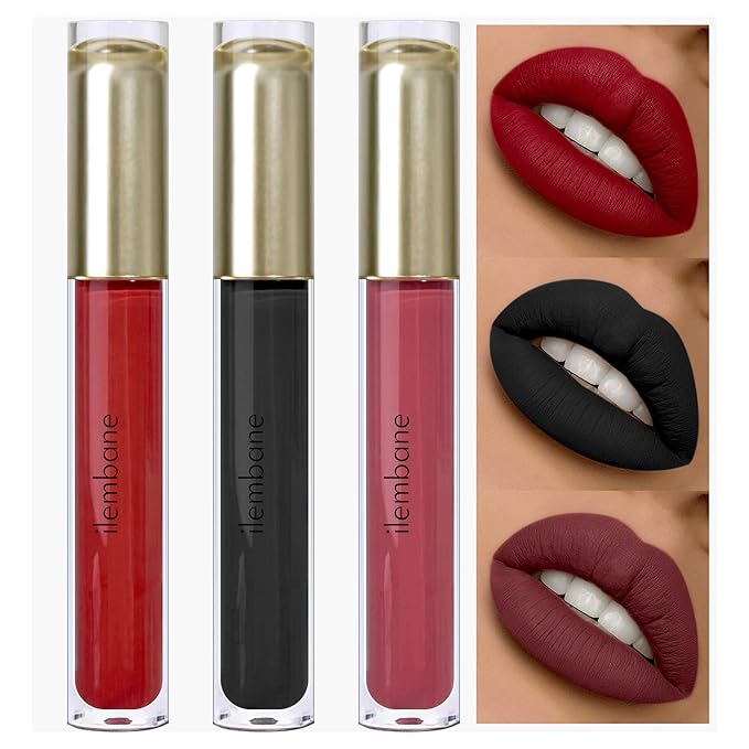 ilembane Multicolor Matte Liquid Lipstick Set 3Pc For Women Deep Red, Black, Classic Red Long-Lasting, Smudge-Proof, Waterproof – High-Pigment, Transfer-Resistant Colors for All-Day Wear