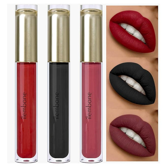 ilembane Multicolor Matte Liquid Lipstick Set 3Pc For Women Deep Red, Black, Classic Red Long-Lasting, Smudge-Proof, Waterproof – High-Pigment, Transfer-Resistant Colors for All-Day Wear