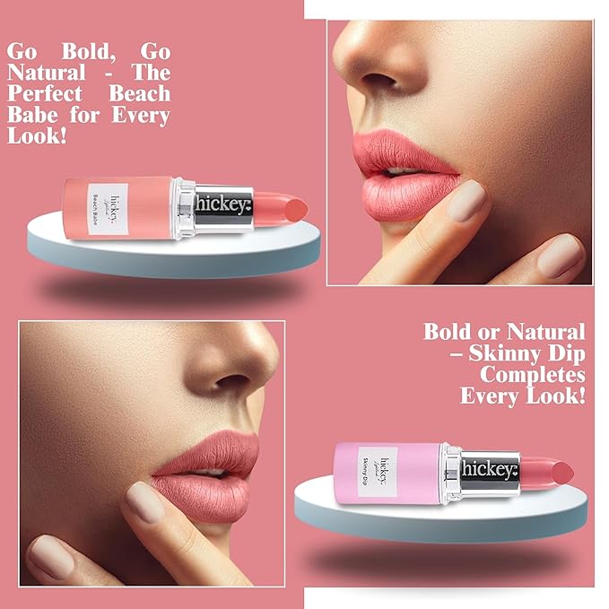 Hickey Lipstick Beach Babe and Skinny Dip Organic Long Lasting Lipstick Refills, Perfect Pink and Coral Colors, Set of 2