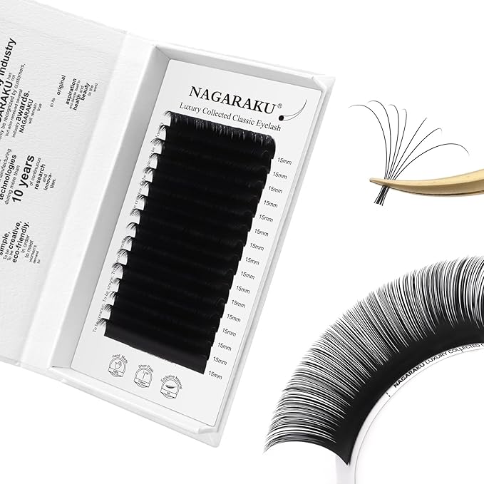 NAGARAKU Individual Eyelash Extensions, Luxury Collected Classic Single Lashes Upgraded 3rd Generation Soft Natural Beauty Salon Professional Lash Supplies 16 Rows Matte Black -0.10 D Curl 15mm