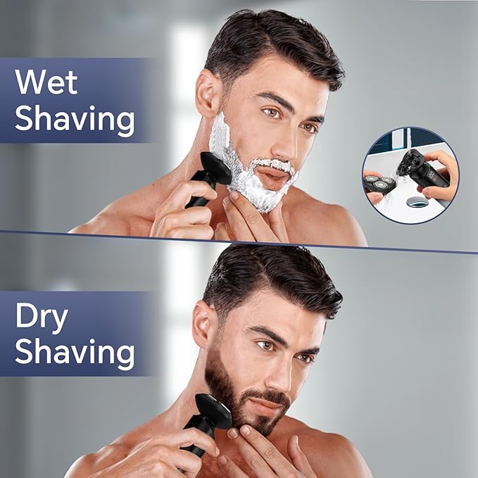 Electric Razor for Men, Rechargeable Electric Shaver for Men, Waterproof 3D Rotary Shaving, Wet/Dry Cordless 3-in-1 Electric Shaver with Beard Trimmer, Sideburn & Nose Hair Groomer