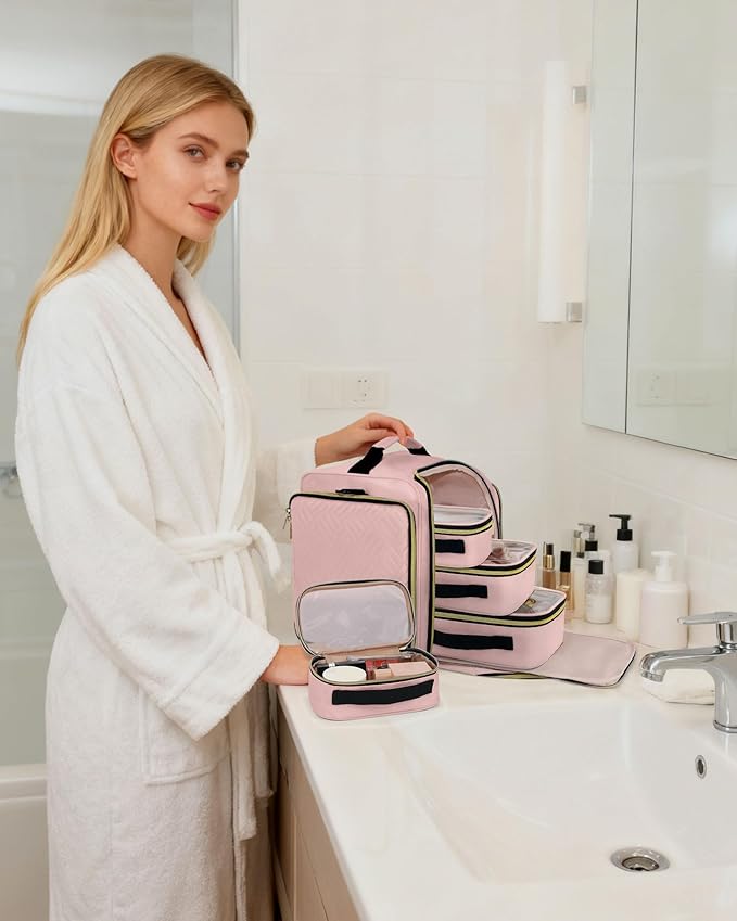 BAFAMYE Large Travel Makeup Bag - Cosmetic Organizer with 4 Removable Inner Pockets, Multi-functional Toiletry Bag for Accessories & Brushes, Women's Beauty Case, Pink