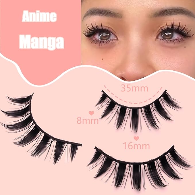 Manga Anime False Eyelashes 14 Pairs, Japanese Style Doll Eye & Spiky 8D Wispy Lashes, 16MM Dramatic Thick Faux Mink for Cosplay, Theatrical Makeup & J-Fashion