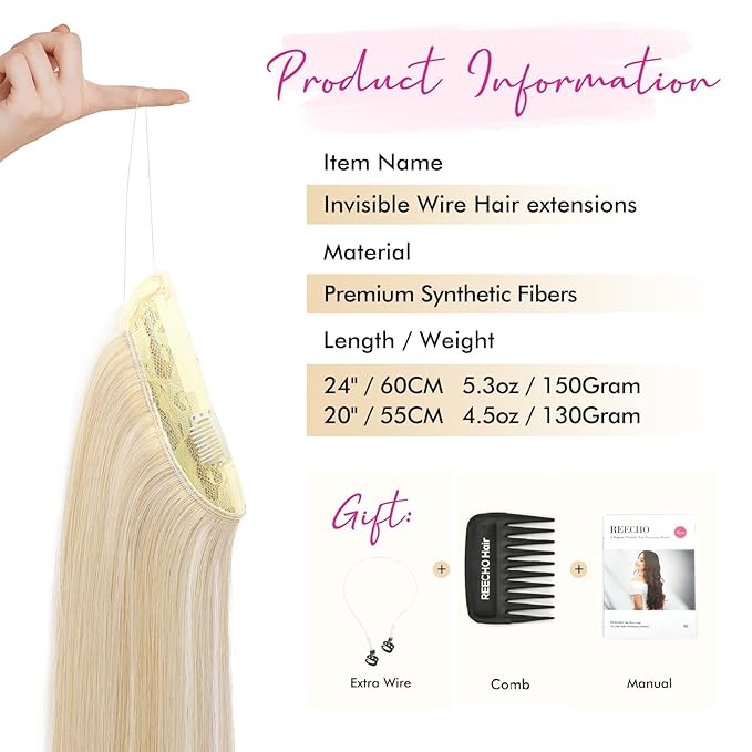 REECHO Invisible Wire Hair Extensions with Transparent Headband Adjustable Size Removable Secure Clips in Straight Secret Hairpiece for Women (24 Inch (Pack of 1), Ash Blonde with Highlights)