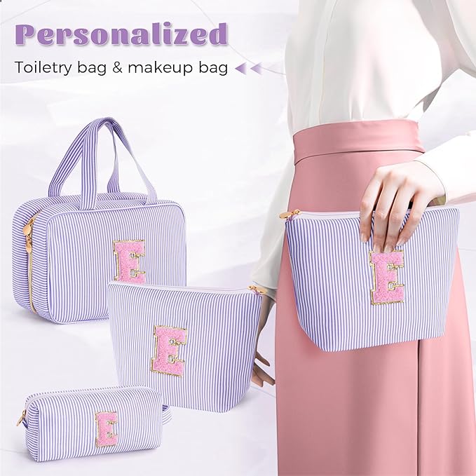 Fystdtote Personalized Initial Toiletry Makeup Bag - Travel Cosmetic Bag for Mom,Niece,Teen Girl Birthday Gifts - Lavender E