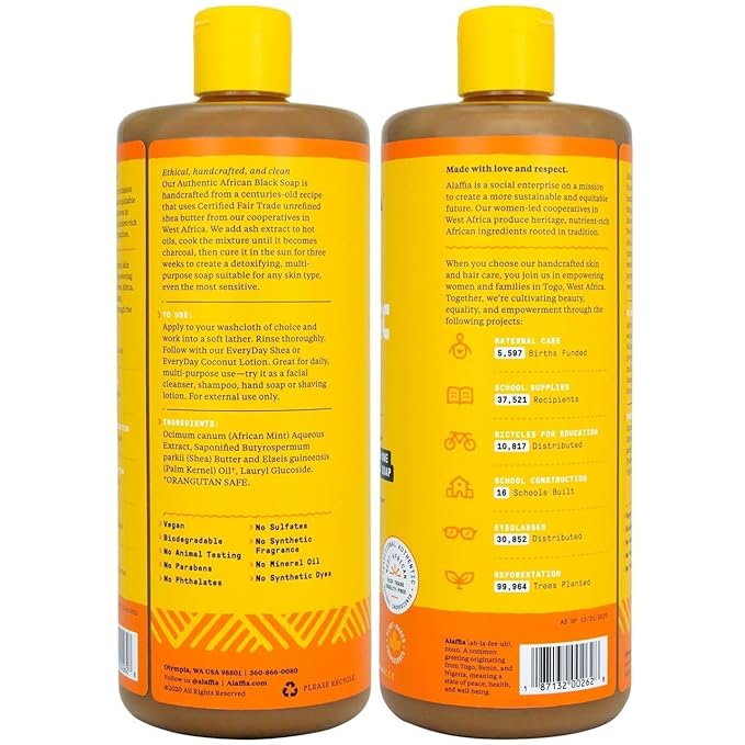 Alaffia Authentic African Black Soap Variety 2-Pack – All-In-One Liquid Soap, Travel-Size Eucalyptus Tea Tree+Full-Size Unscented Body Wash, Face Wash, Shampoo, Shaving Soap