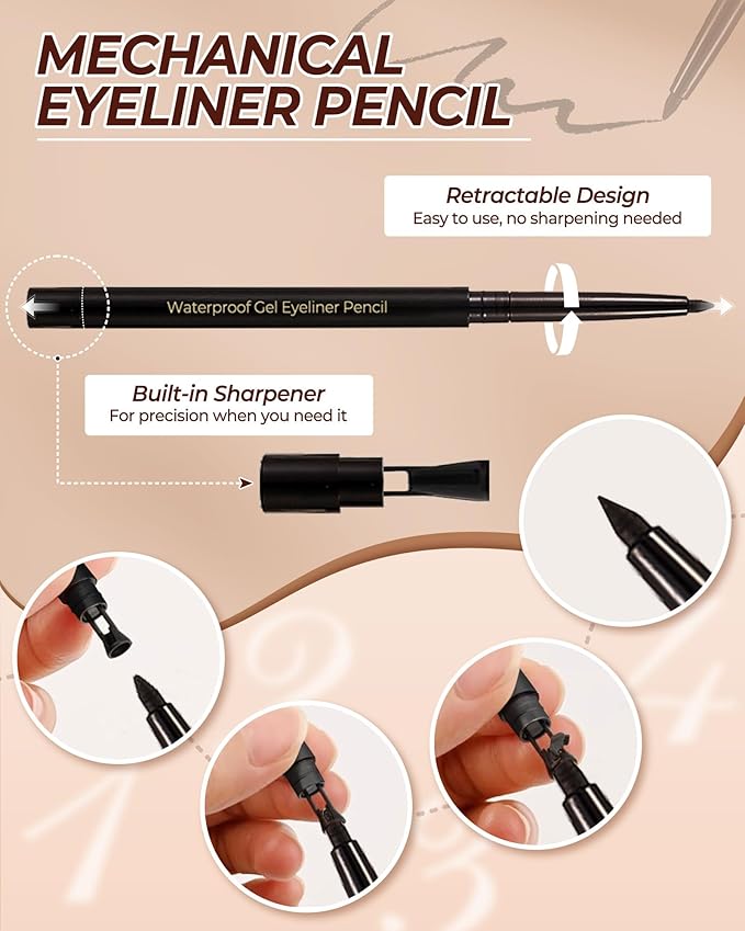 Black Eyeliner Pencil Retractable Gel Eye Liner Pencil Built in Sharpener Waterproof Smudge proof Waterline Eye Liner Pencils Smooth Creamy Texture With 1 Eyeliner Stencil Makeup Tool