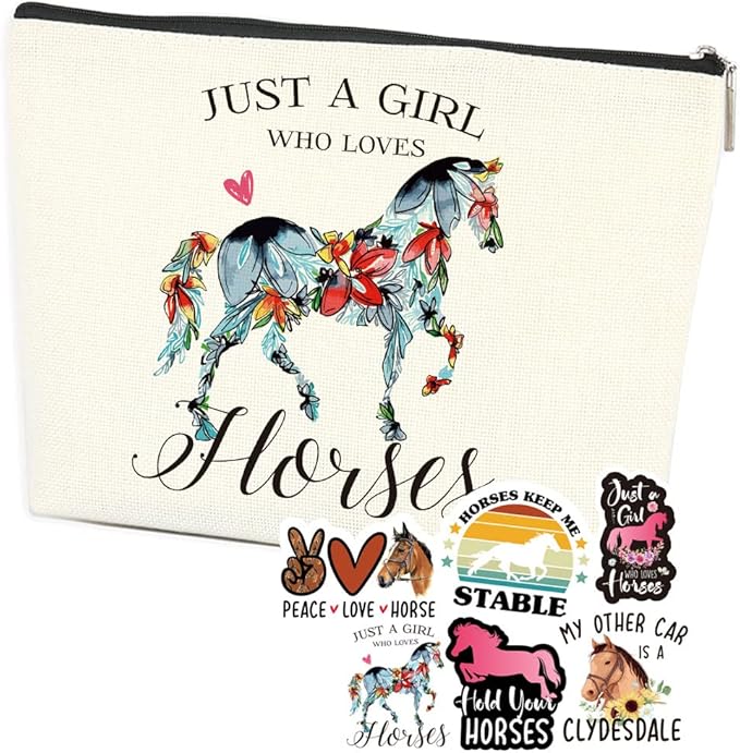Horses Gifts Girls Horse Cosmetic Bag and 5 Piece Stickers Just a Horses-loving Girl Cowgirl Equestrian Travel Bag Cosmetic Bag Gifts Horse Cosmetic Bag Horseshoe Horse Gifts for Girls