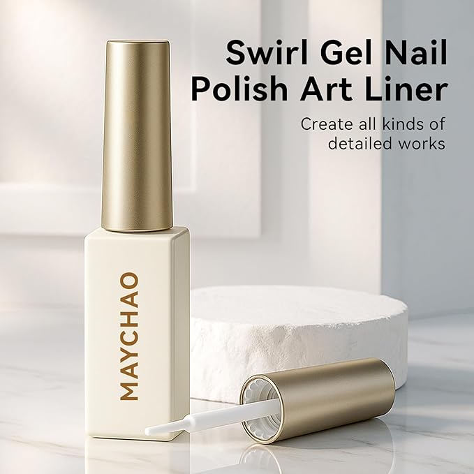 MAYCHAO 2pcs Glitter Silver & Gold Swirl Gel Liner Nail Art Polish, Classic Gel Color Built-in Thin Brush, UV Light Cure for French Nail Tips DIY Manicure at Home Salon