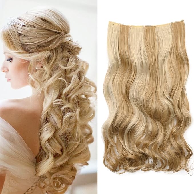 REECHO 16" 1-Pack 3/4 Full Head Curly Wavy Clips in on Synthetic Hair Extensions HE008 Hairpieces for Women 5 Clips 3.9 Oz per Piece - Medium Blonde with Highlights