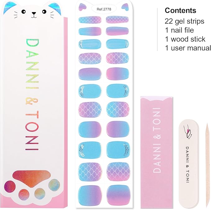 DANNI & TONI Kids Gel Nail Strips Mermaid Crown Blue Purple Aurora Ombre Salon-Quality Peel & Stick Manicure for Children (Age 6+)– Safe, Long-Lasting, Easy to Apply |Mermaid Glimmer