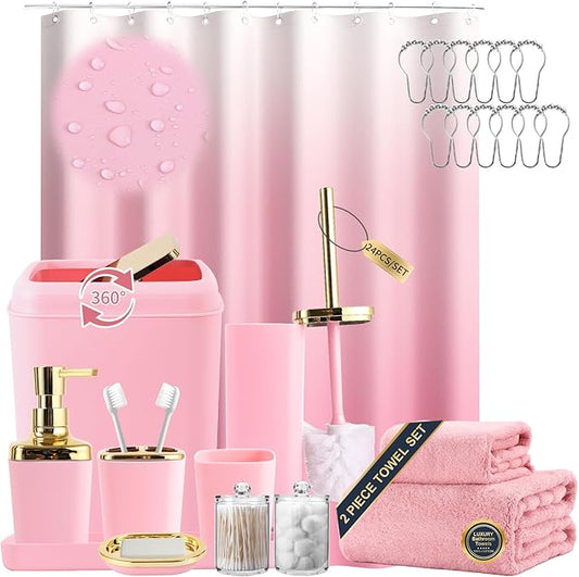 XLHOMO Pink Bathroom Accessories, 24 Pieces Pink and Gold Bathroom Accessories Set with Shower Curtain, Bath Towels, Trash Can, Soap Dispenser and Soap Dish for Bathroom/Housewarming